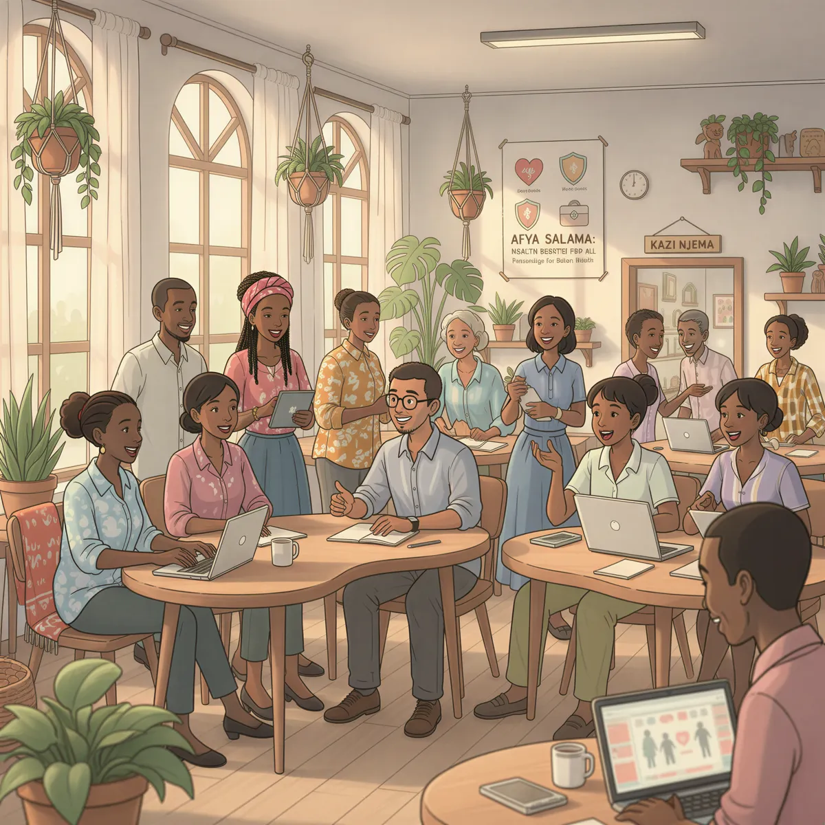 Diverse Kenyan employees in an office with a health insurance poster on the wall