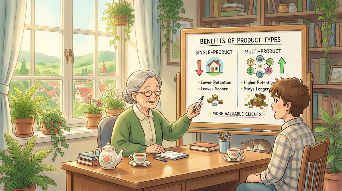 Insurance advisor explains cross-selling benefits to a client, chart showing retention and lifetime value