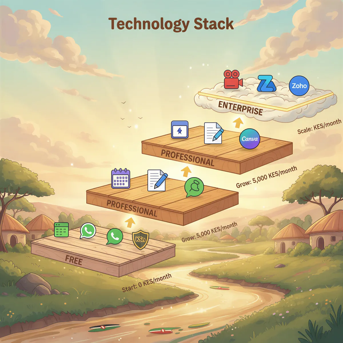 Tech stack tiers for Kenyan insurance agents: Free, Professional, Enterprise with tool icons, costs and ROI