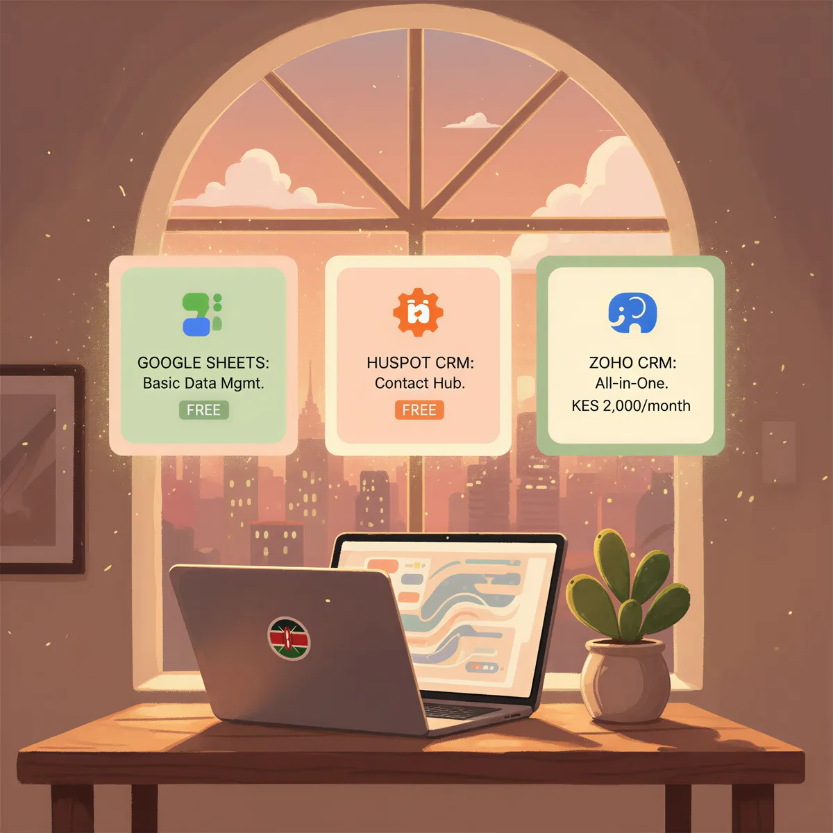 Visual comparing CRM options (Google Sheets, HubSpot, Zoho) for Kenyan agents; three screens with features and prices