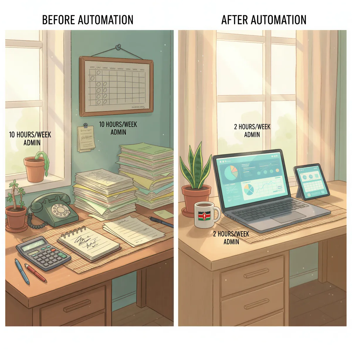 Kenyan insurance agent time comparison; split view showing manual admin on left and digital tools on right, clocks and weekly schedule