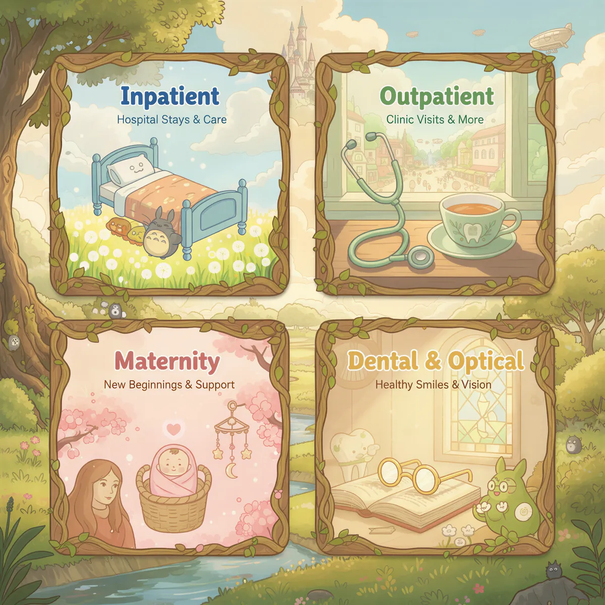 Infographic showing the four main coverage types with icons for inpatient, outpatient, maternity, and dental/optical