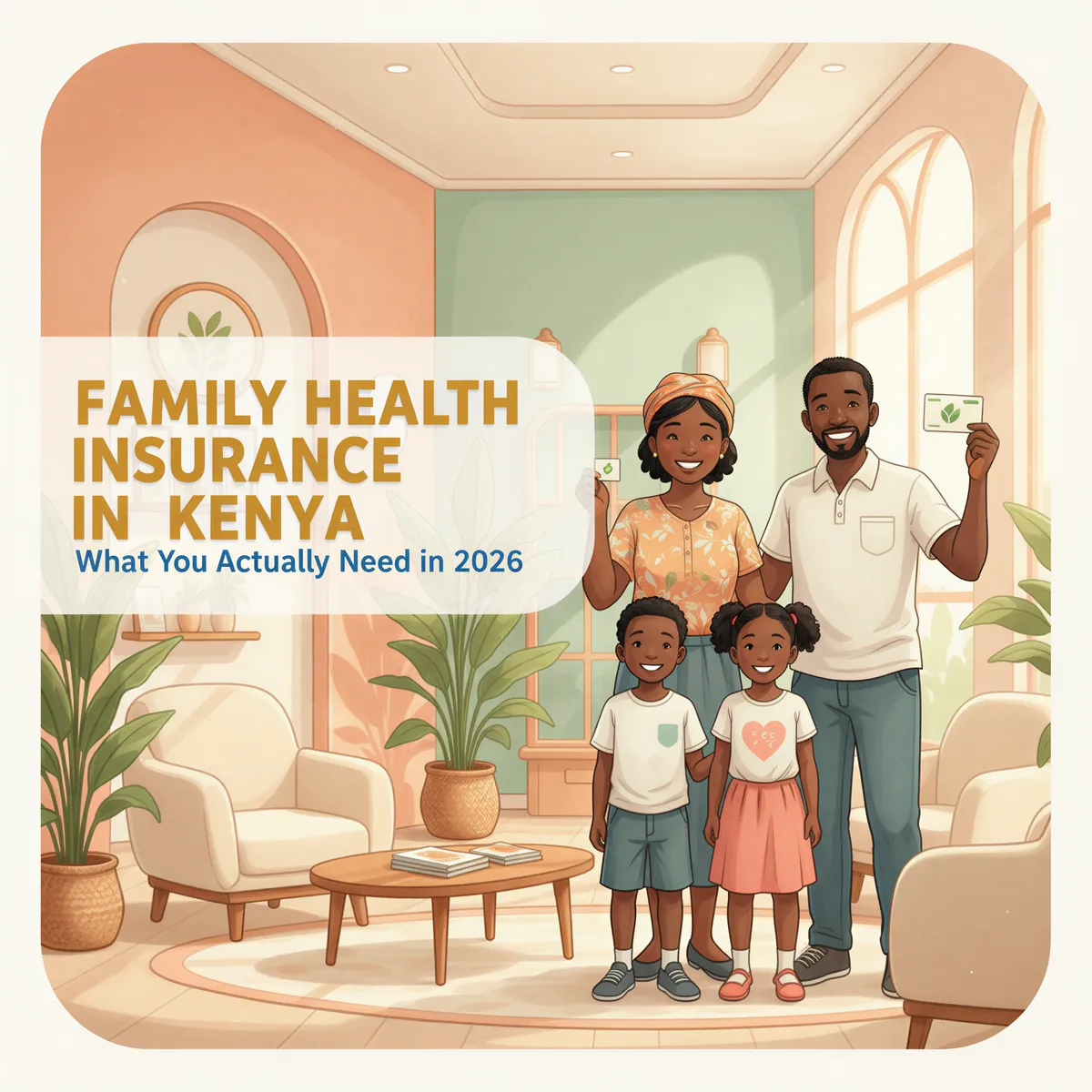 Studio Ghibli-inspired banner with a happy Kenyan family and a modern hospital scene, promoting family health insurance in 2026