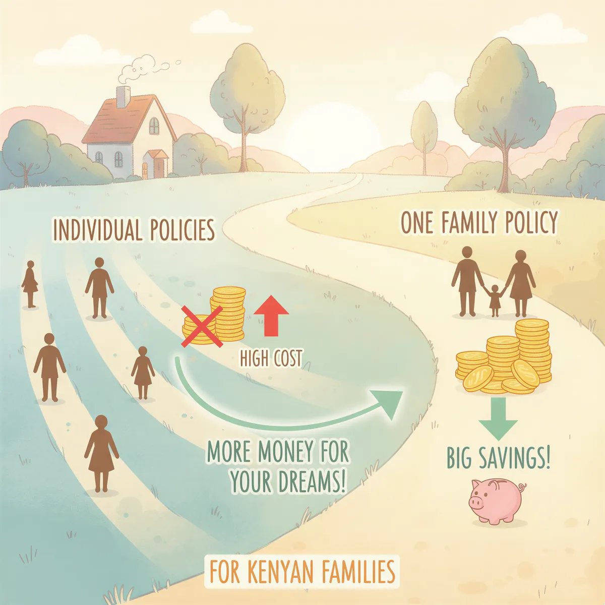 Simple diagram showing individual policies vs one family policy, highlighting cost savings
