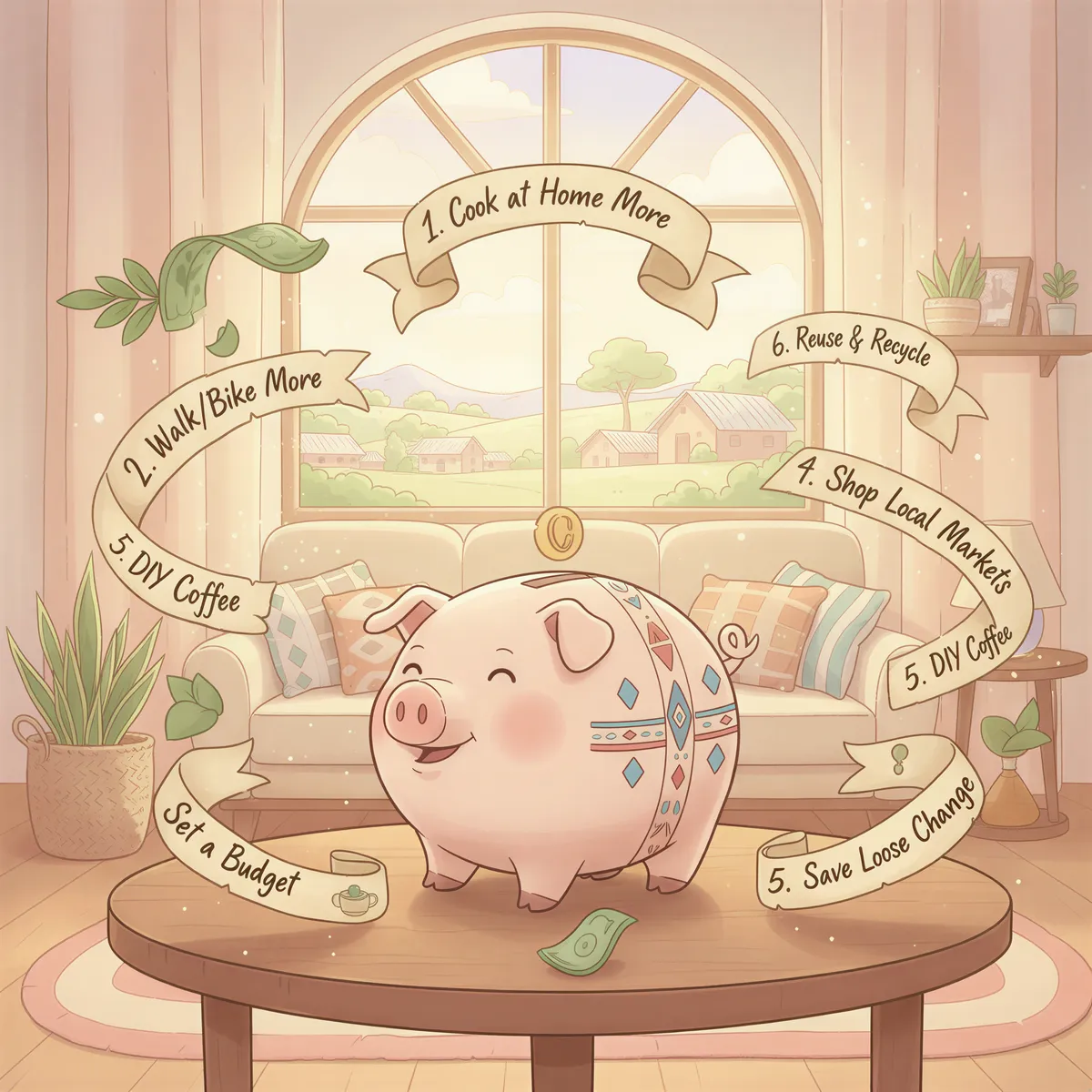 Piggy bank graphic with money-saving tips listed around it