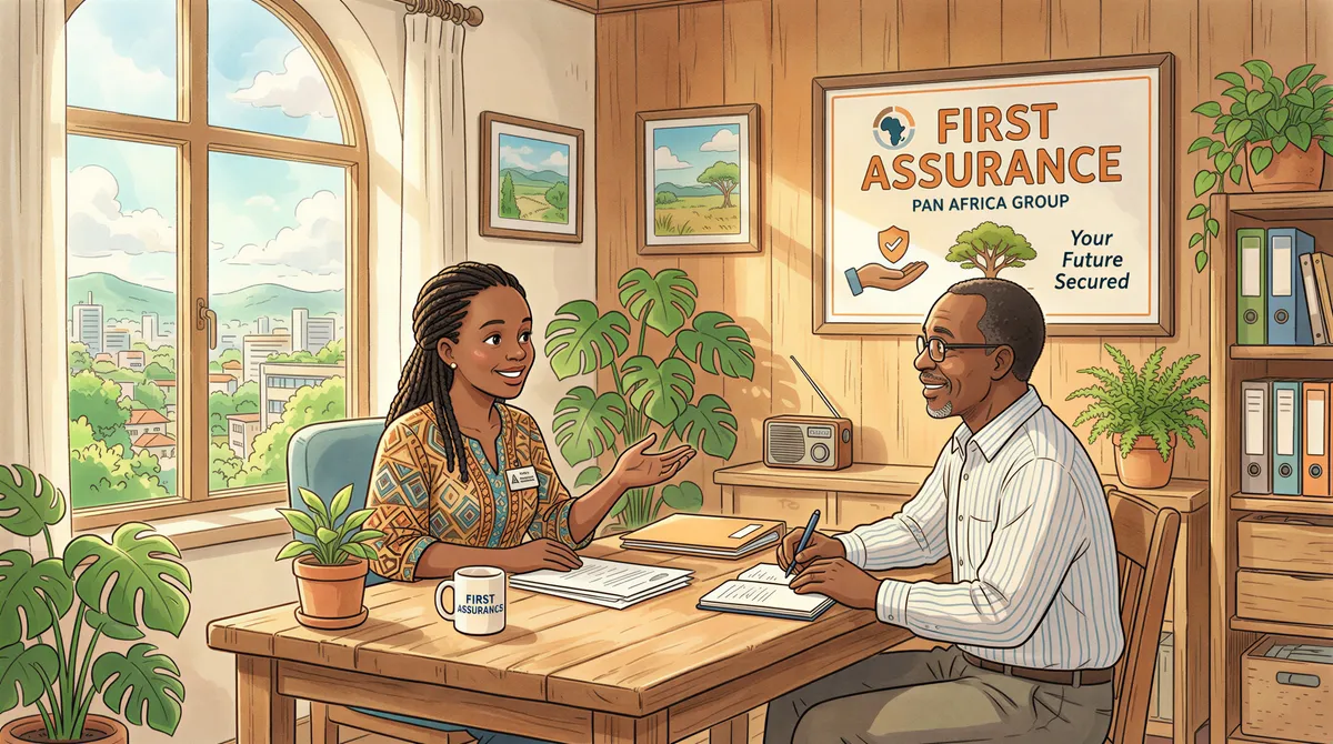 Kenyan insurance agent presenting First Assurance company overview to a client