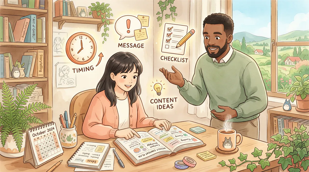 Calm studio ghibli scene of a planner and calendar outlining follow-up timing and content