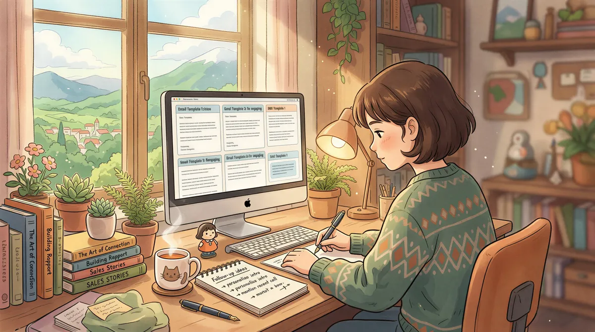 Illustration of follow-up templates being crafted with messages on screen