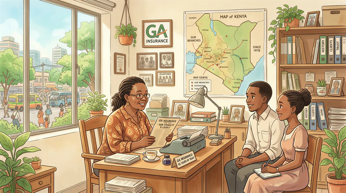 Kenya-based GA Insurance company overview scene in a vintage office
