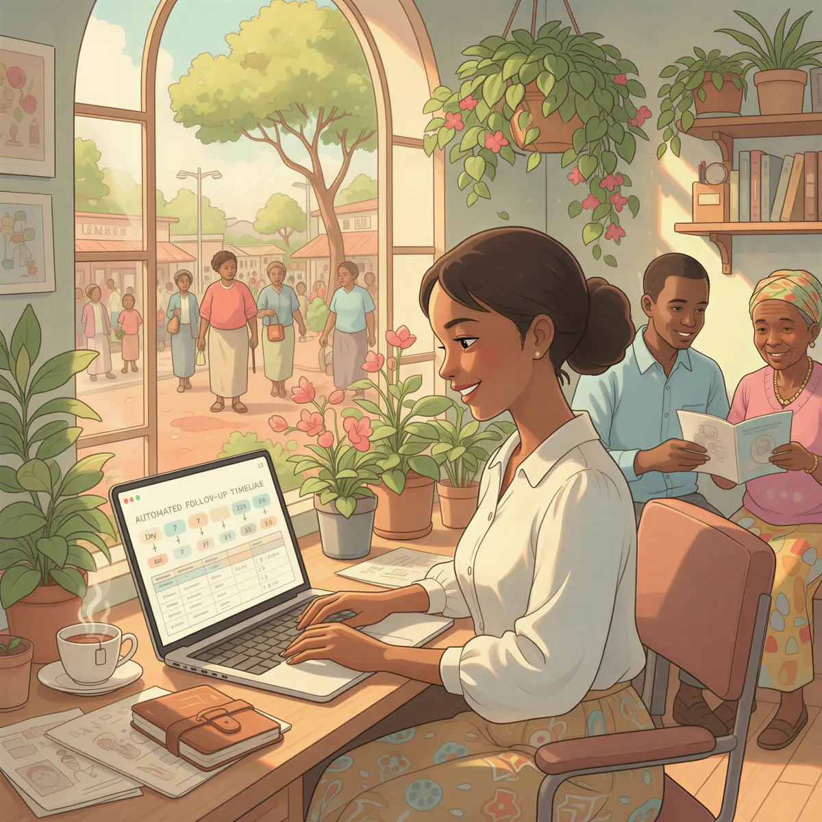 Insurance agent automating follow-ups on a laptop in a cozy Kenyan office
