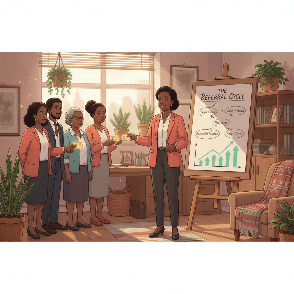 Kenyan insurance agent with clients illustrating a referral cycle in a warm, Ghibli-inspired office