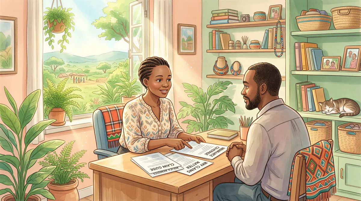 Kenyan insurance agent explaining why claims matter to a client in a warm studio setting