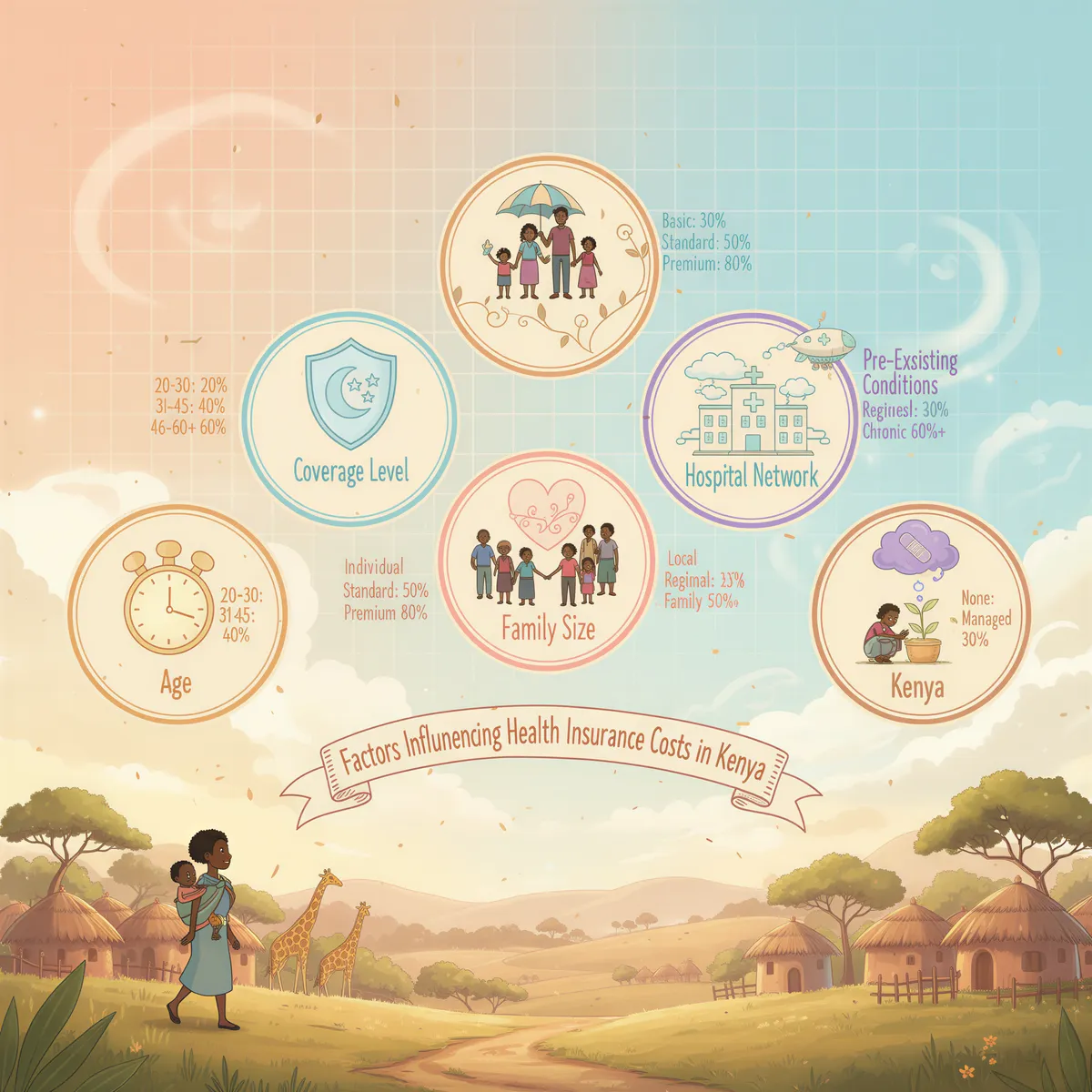 Infographic with the five factors that affect health insurance costs and their percentage impacts