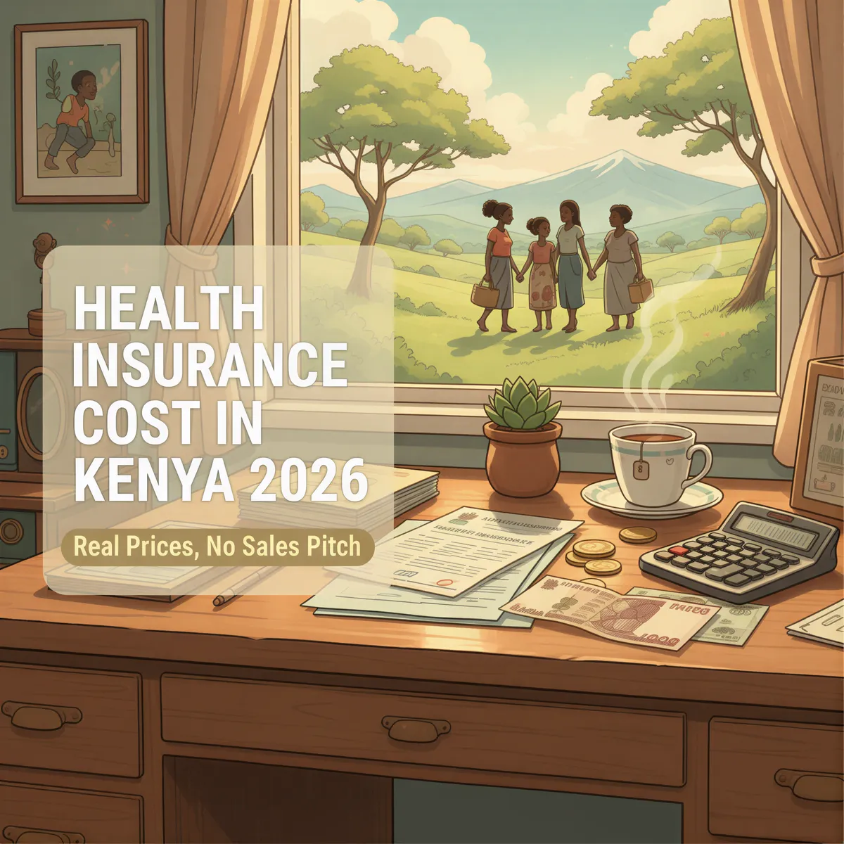 Studio Ghibli-inspired banner with Kenyan currency, health insurance documents, and a calculator in warm pastel tones