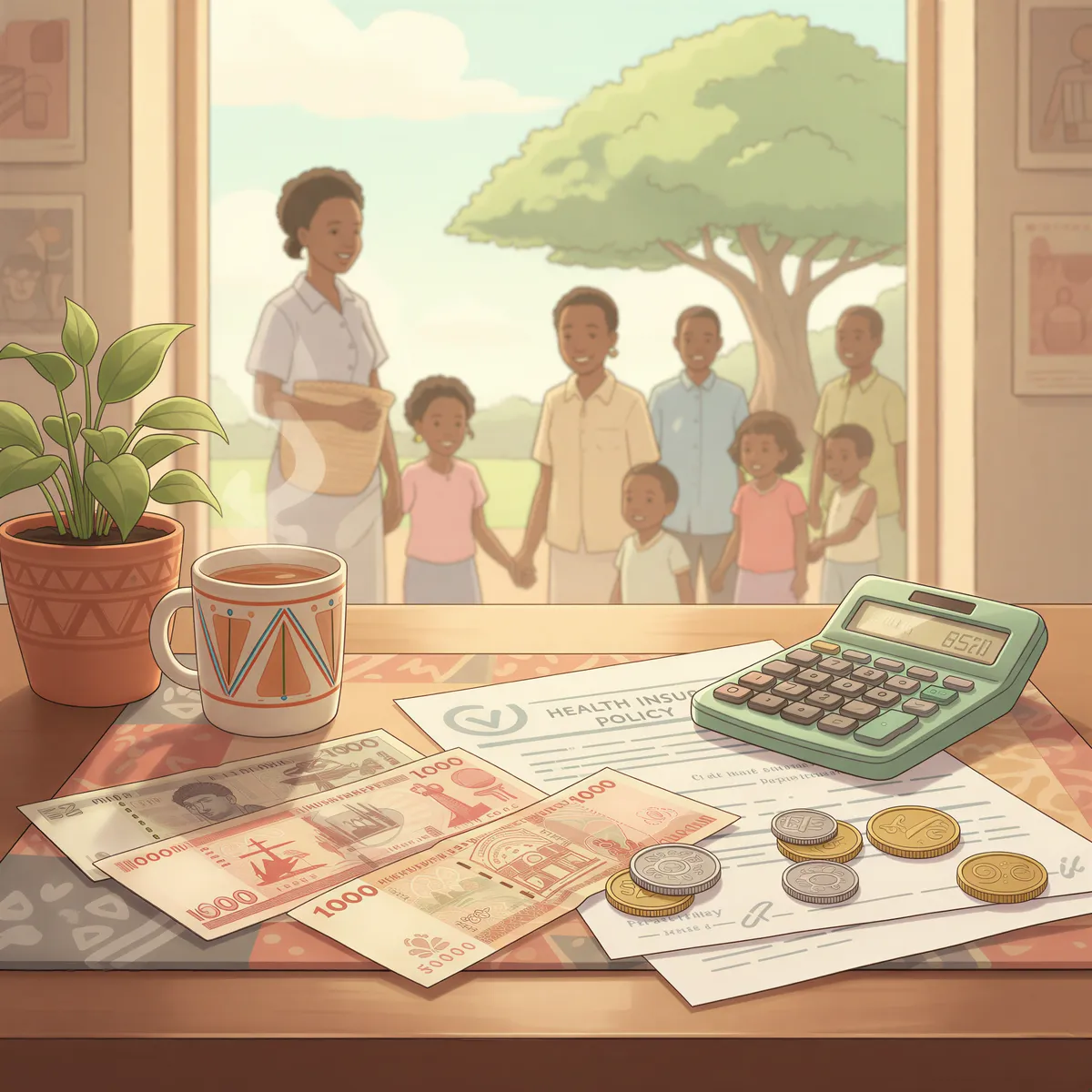 Infographic showing Kenyan currency notes and coins with health insurance policy documents and a calculator