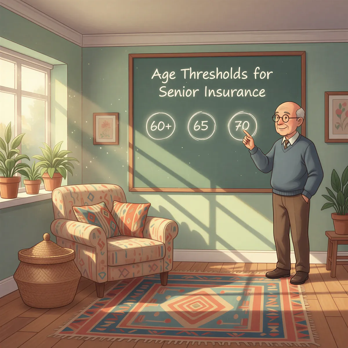 Illustration of an age-threshold ladder and chart in a cozy home setting