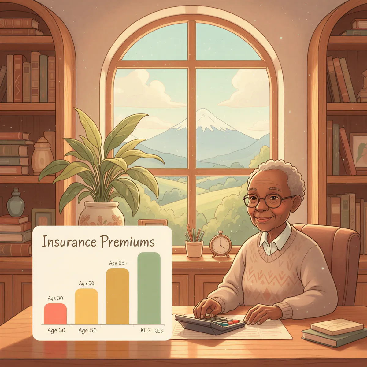 Bar-style cost comparison for insurance premiums across ages 30, 50, and 65+ with a Kenyan elder calculating costs