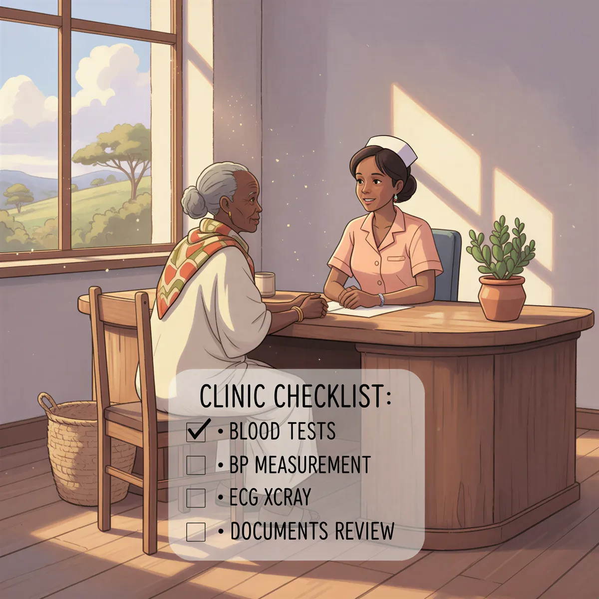 Senior medical exam checklist showing required tests and documents