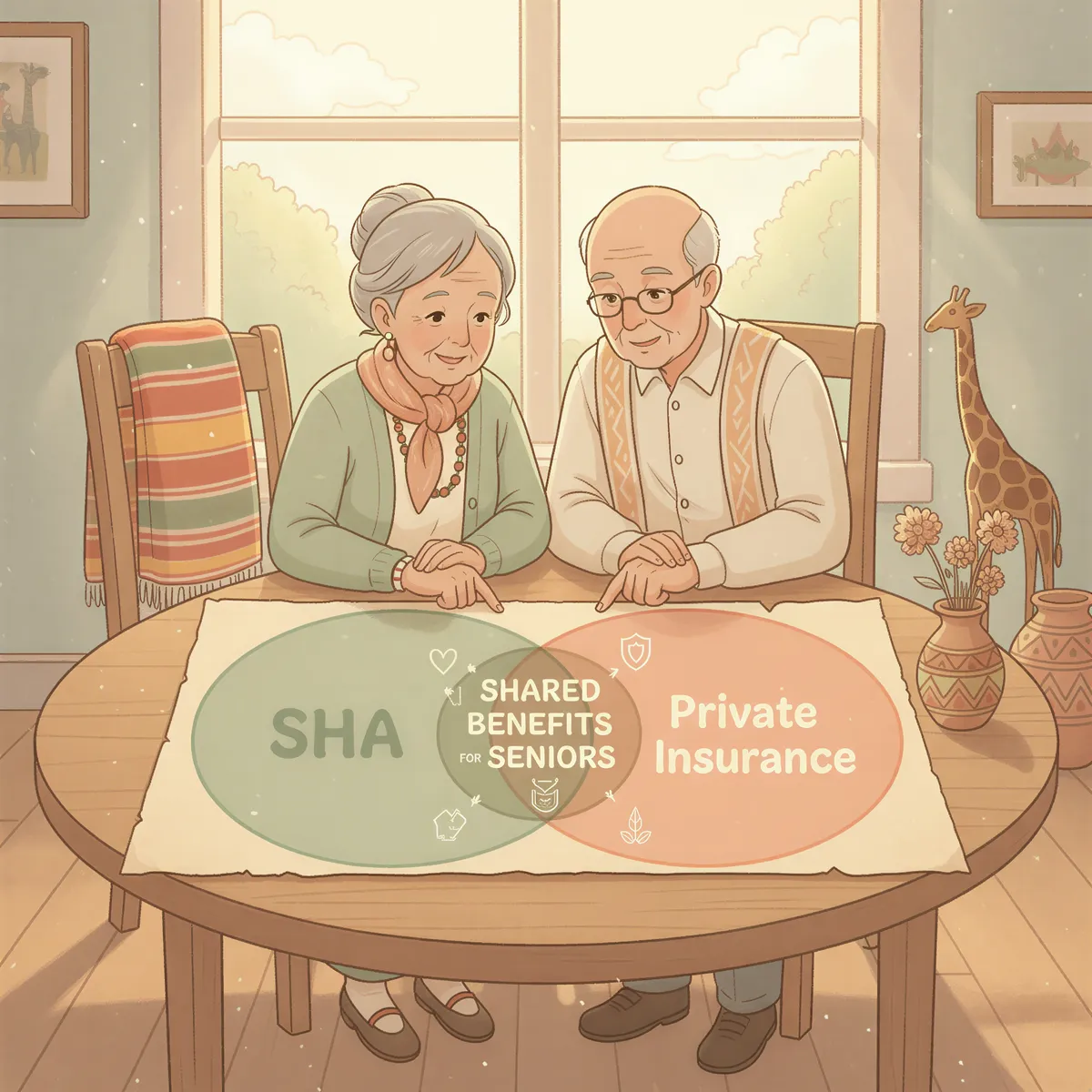 Venn diagram comparing SHA and private insurance for seniors