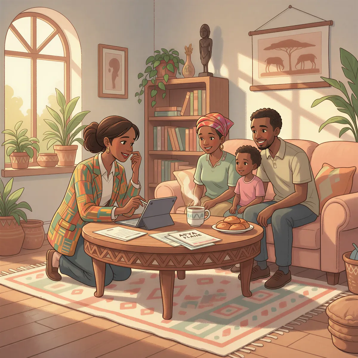 Kenyan health insurance agent solving a problem with a family in a warm Studio Ghibli scene