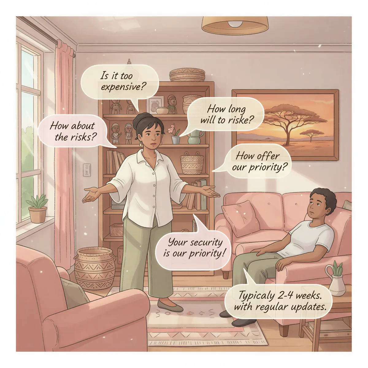 Insurance agent handling objections with cards and dialogue in Studio Ghibli style