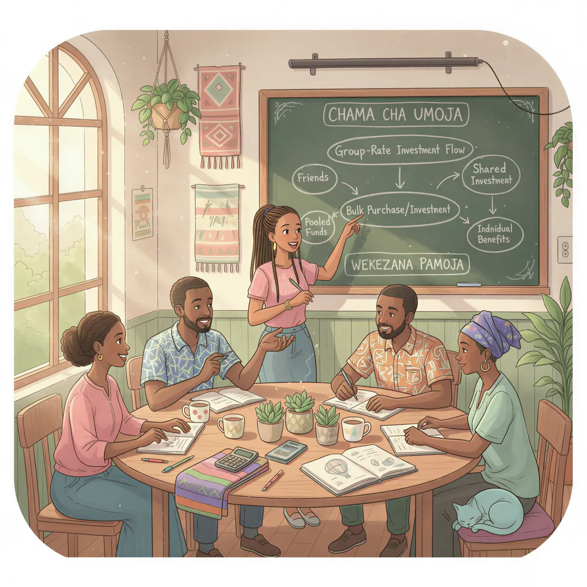 Kenyan freelancers forming a group for health insurance with a diagram