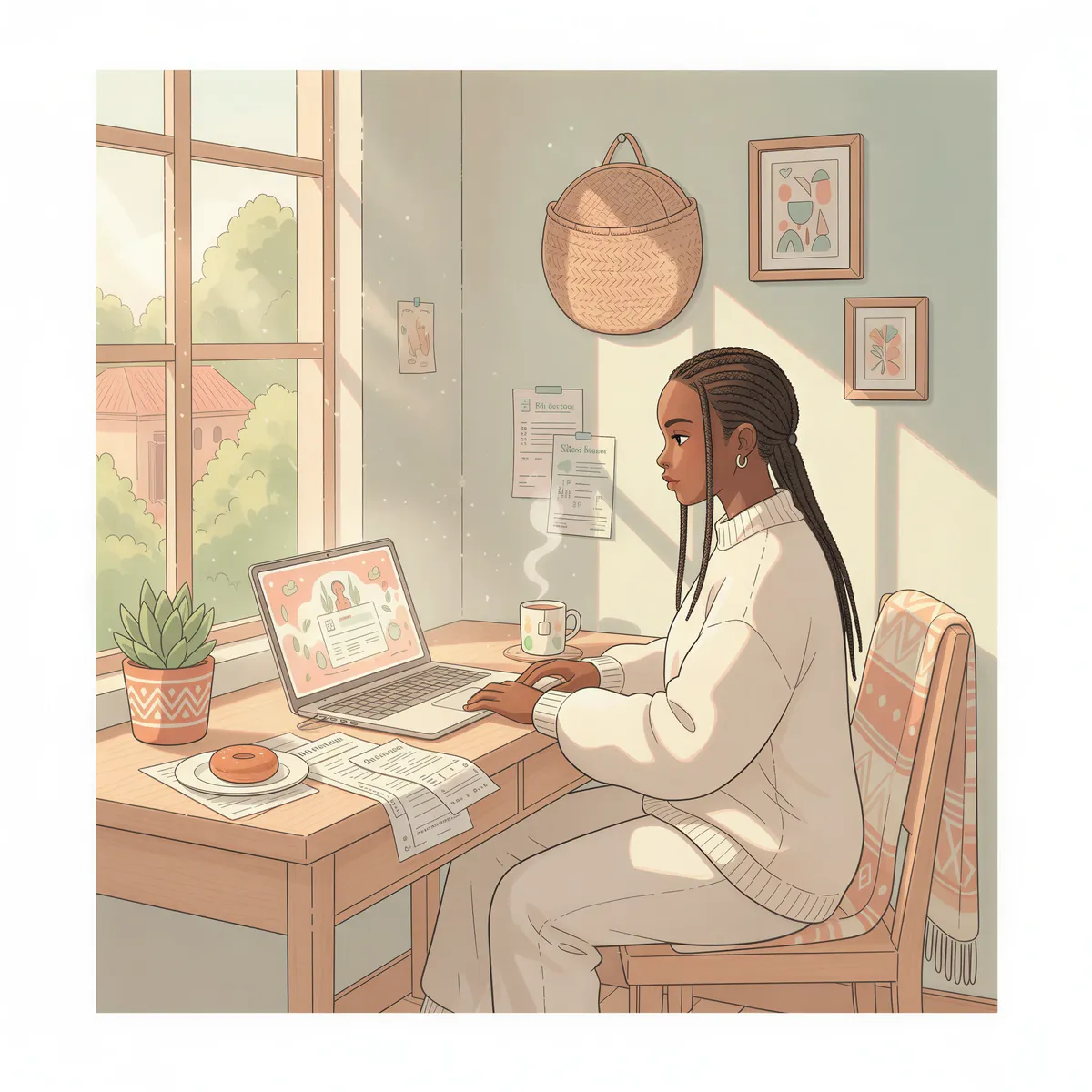 Kenyan freelancer at home reviewing health insurance options with documents and bills