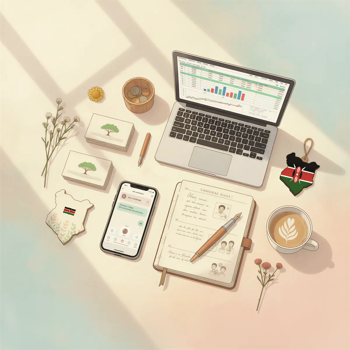 Flat lay of essential tools for a Kenyan insurance agent in warm Studio Ghibli style