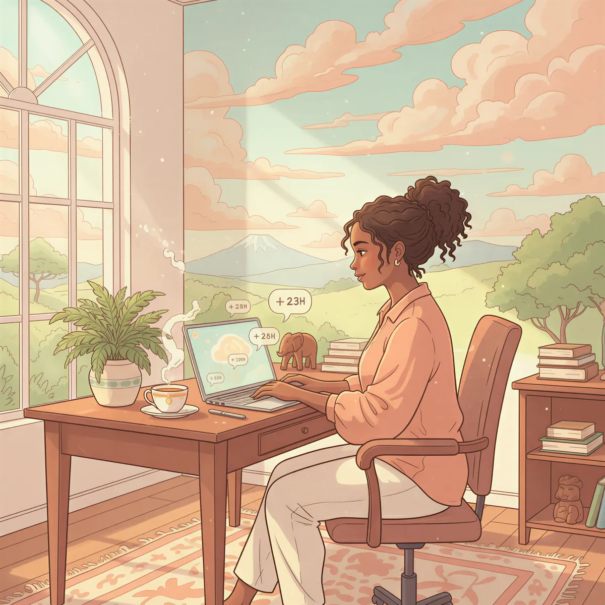 Kenyan insurance agent working remotely on laptop with commission notifications in a cozy home office