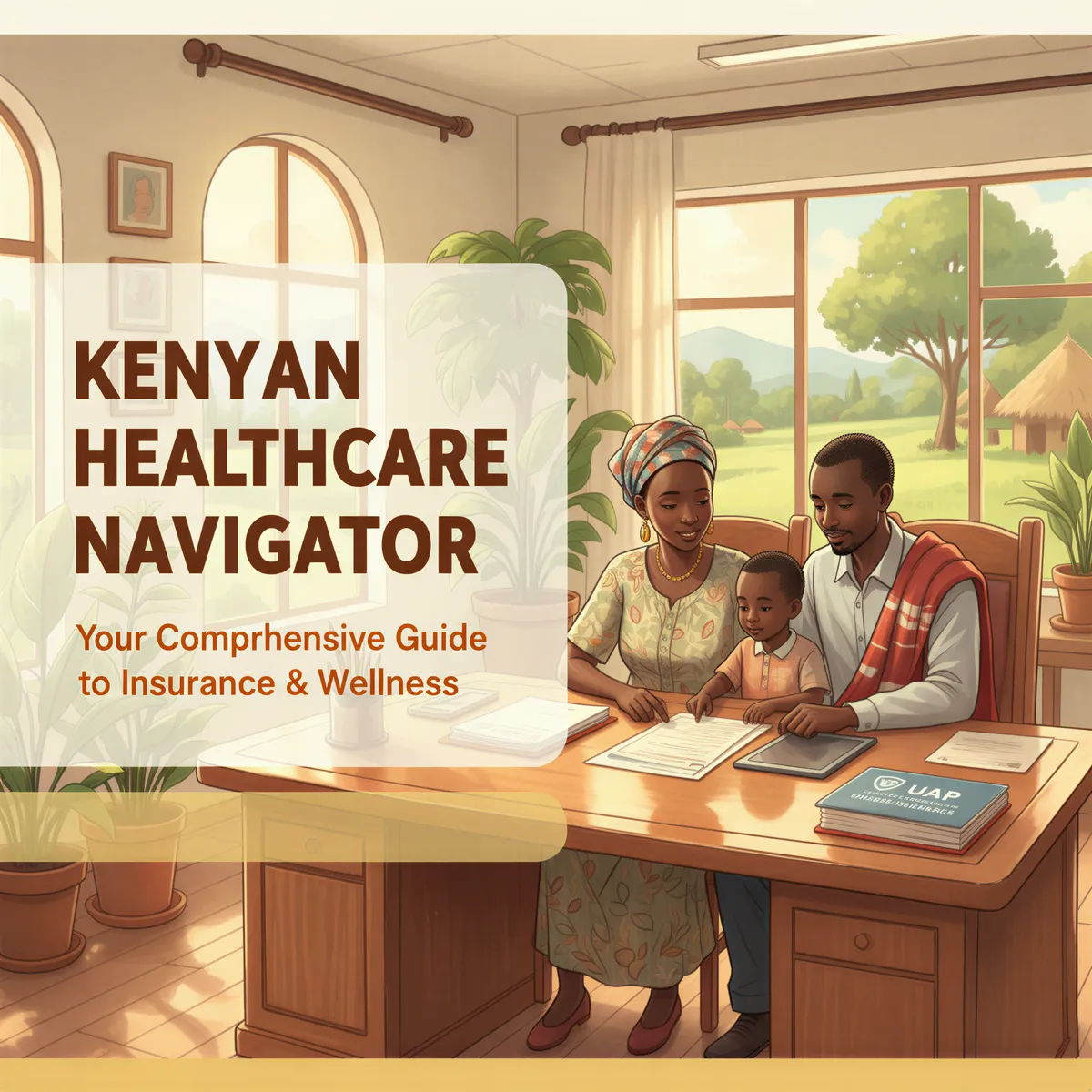 Studio Ghibli-inspired banner showing a Kenyan family with hospital paperwork for health insurance claim