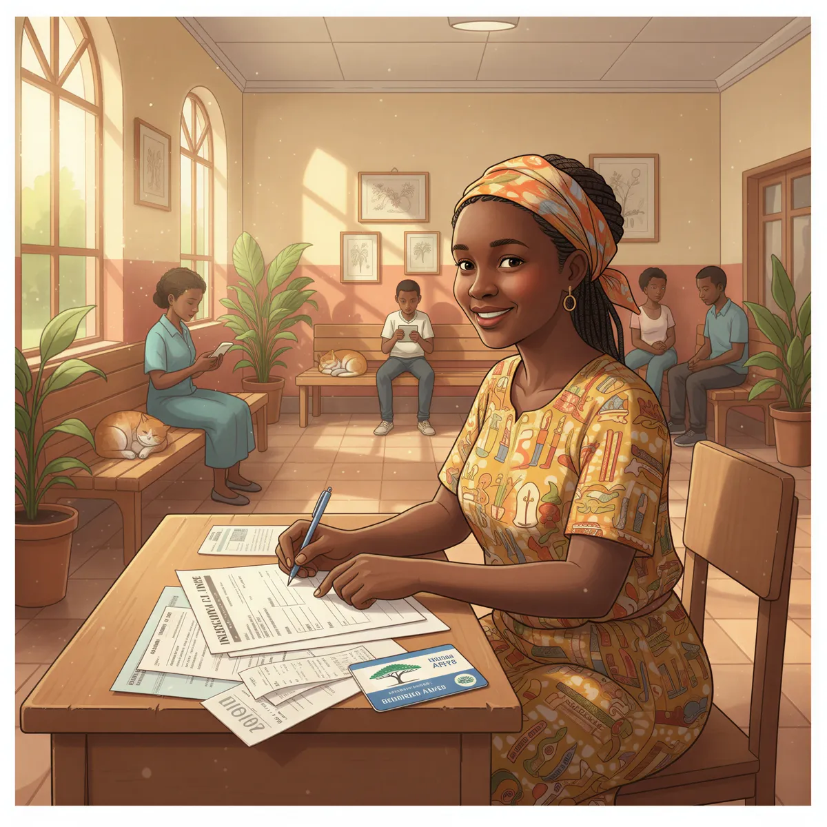 Kenyan patient filling health insurance claim form at hospital with documents and insurance card visible