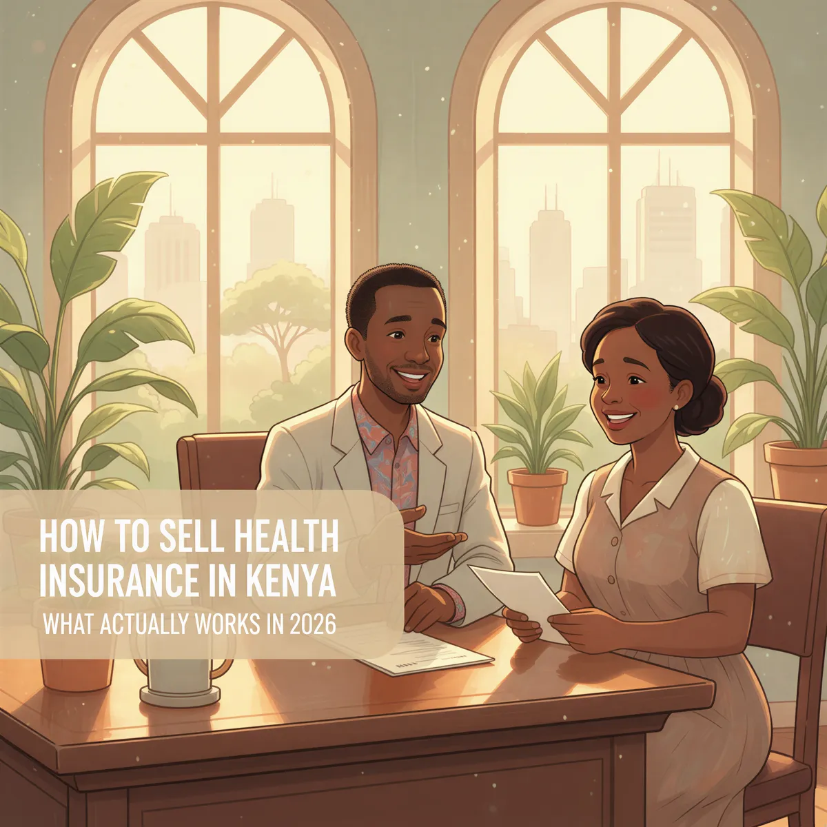 Banner illustration: Studio Ghibli-inspired warm Kenyan health insurance scene with a friendly agent and client, title overlay