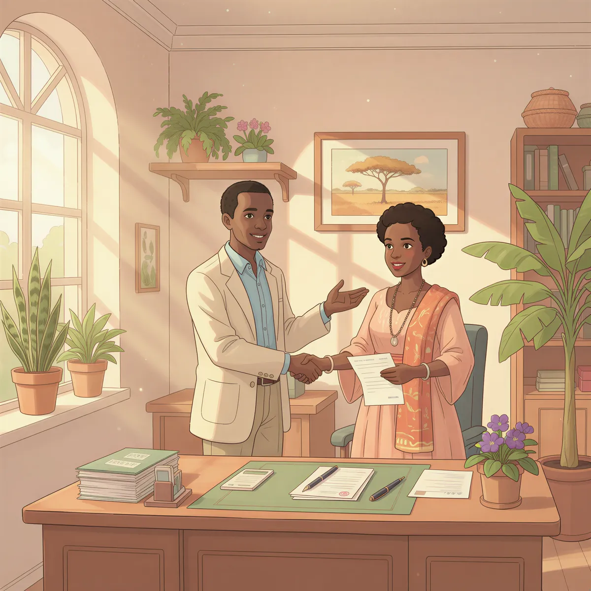 Kenyan insurance agent shakes hands with client in a modern, welcoming office
