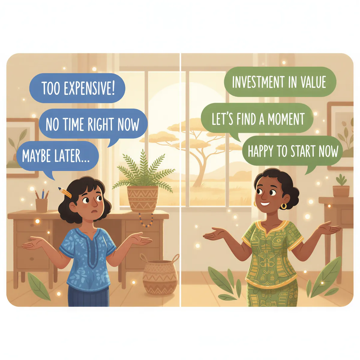 Speech bubbles showing objections on left and responses on right