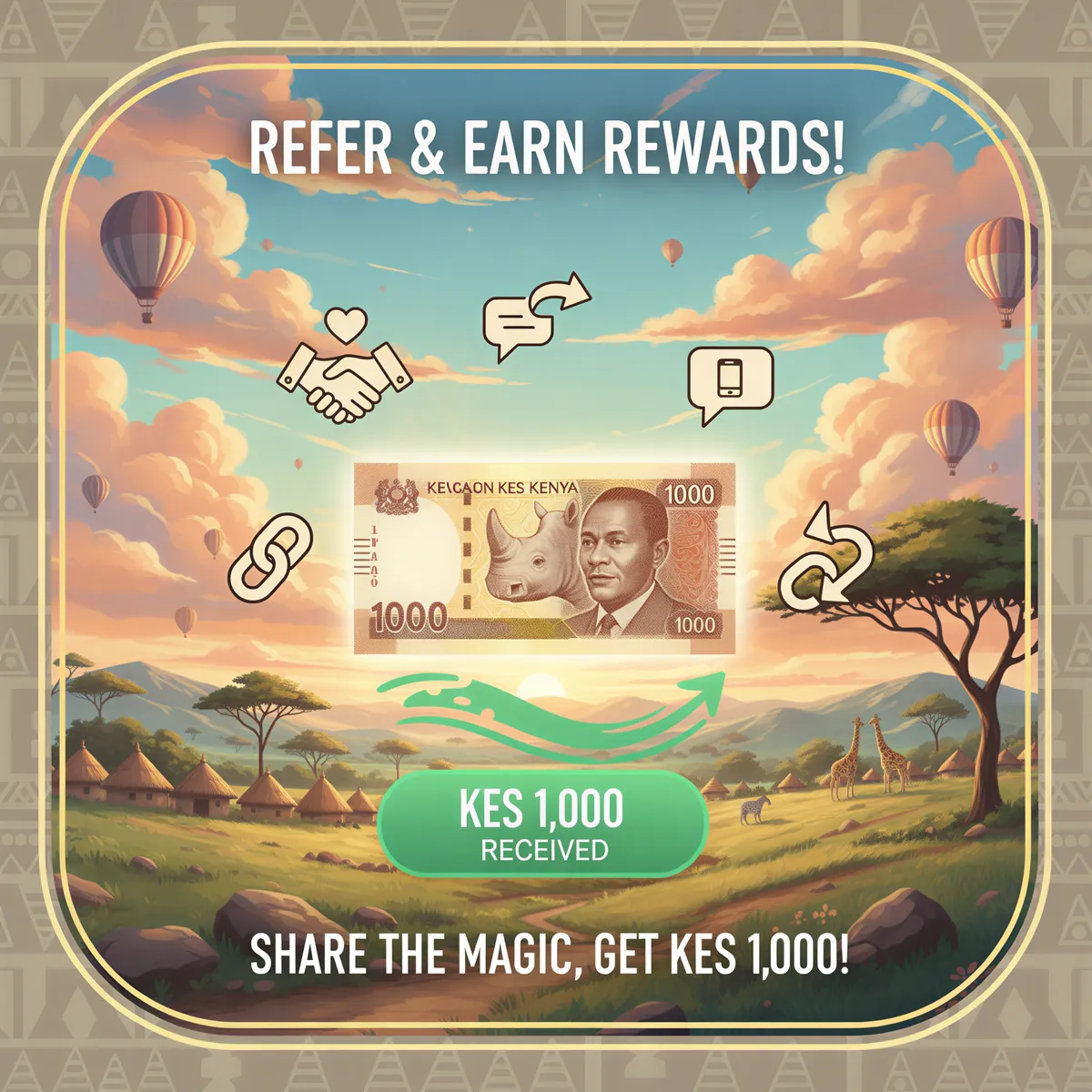 Referral reward graphic showing KES 1,000 M-Pesa payment with sharing icons