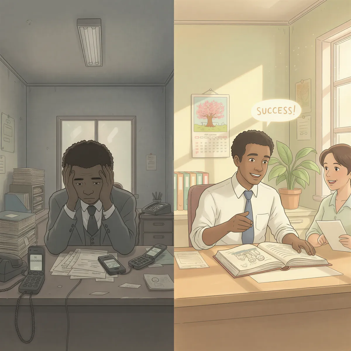 Split-screen: frustrated agent making cold calls vs confident consultative meeting