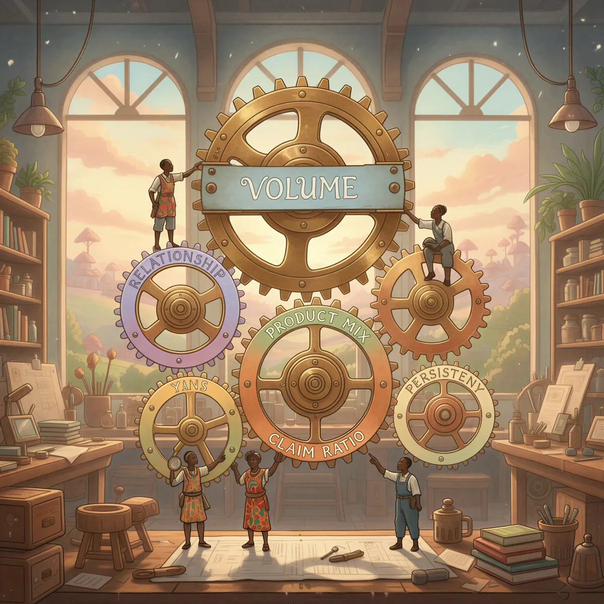 Five factors illustrated as gears affecting final commission rate