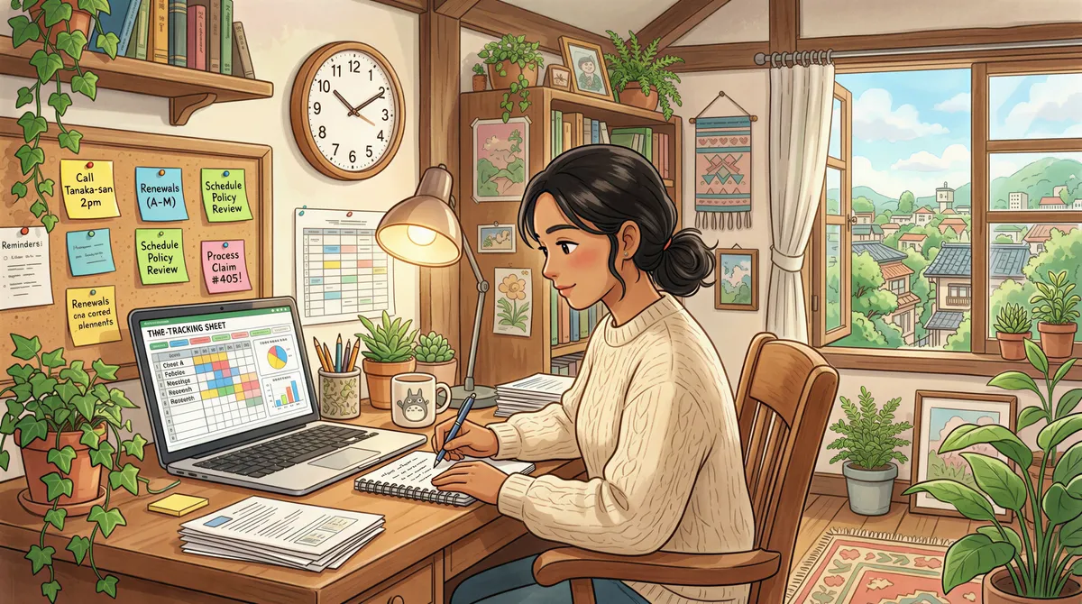 Time audit desk setup for insurance agents in Studio Ghibli-inspired office