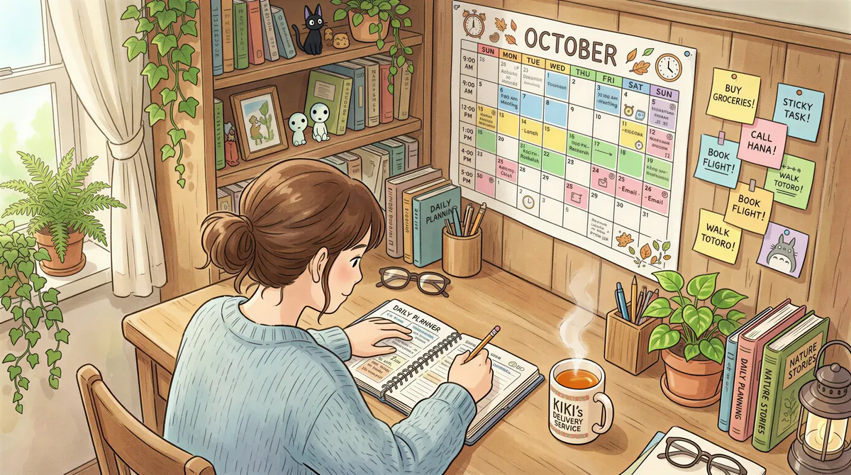 Time blocking schedule for insurance agents in Studio Ghibli-inspired workspace