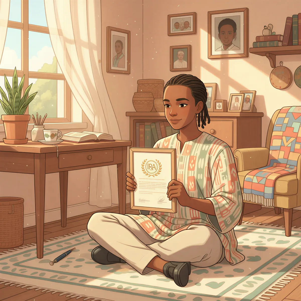 Kenyan-friendly scene showing a certificate with IRA logo on a desk, Studio Ghibli-inspired warm lighting and pastel colors