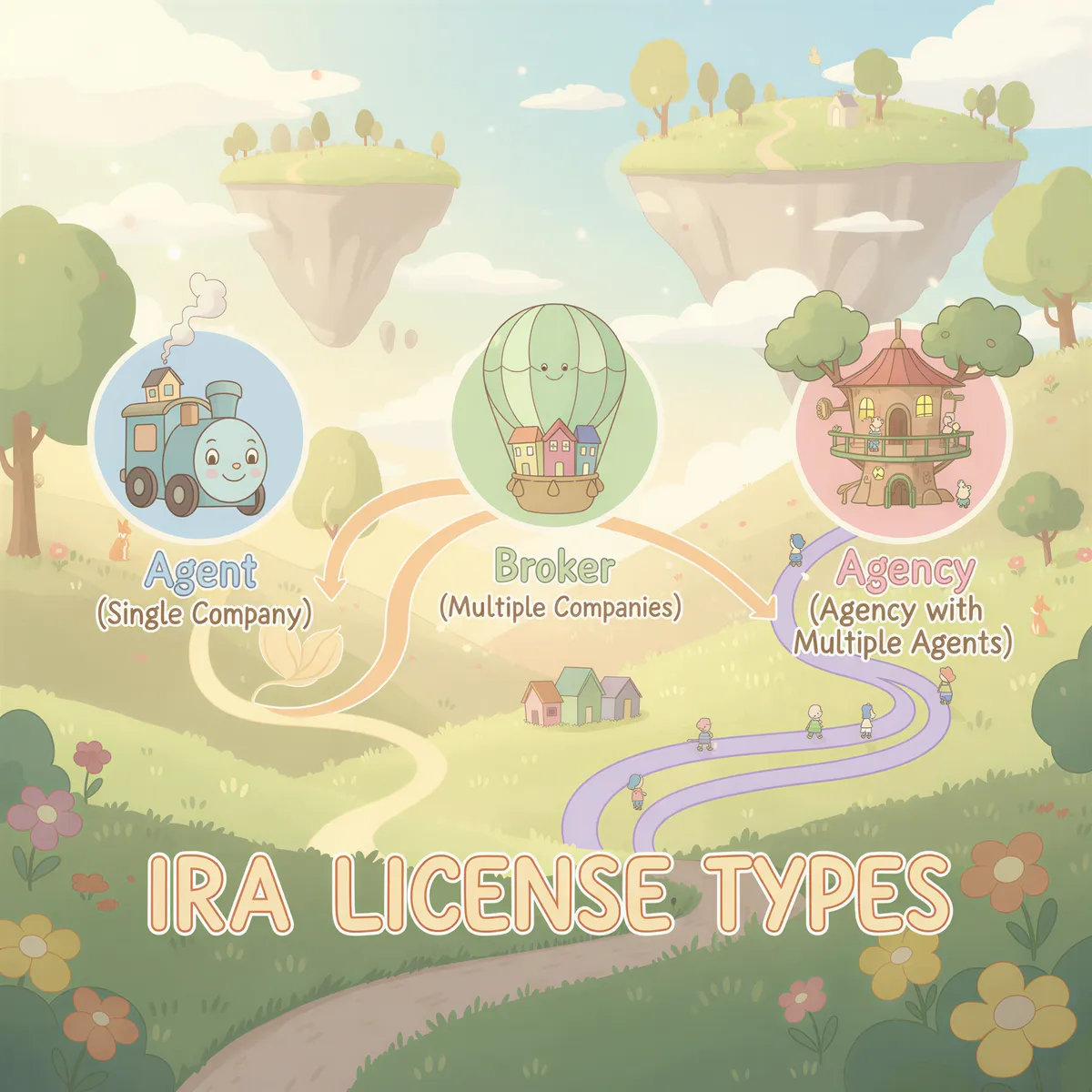 Diagram showing three IRA license types with icons for Agent, Broker, and Agency