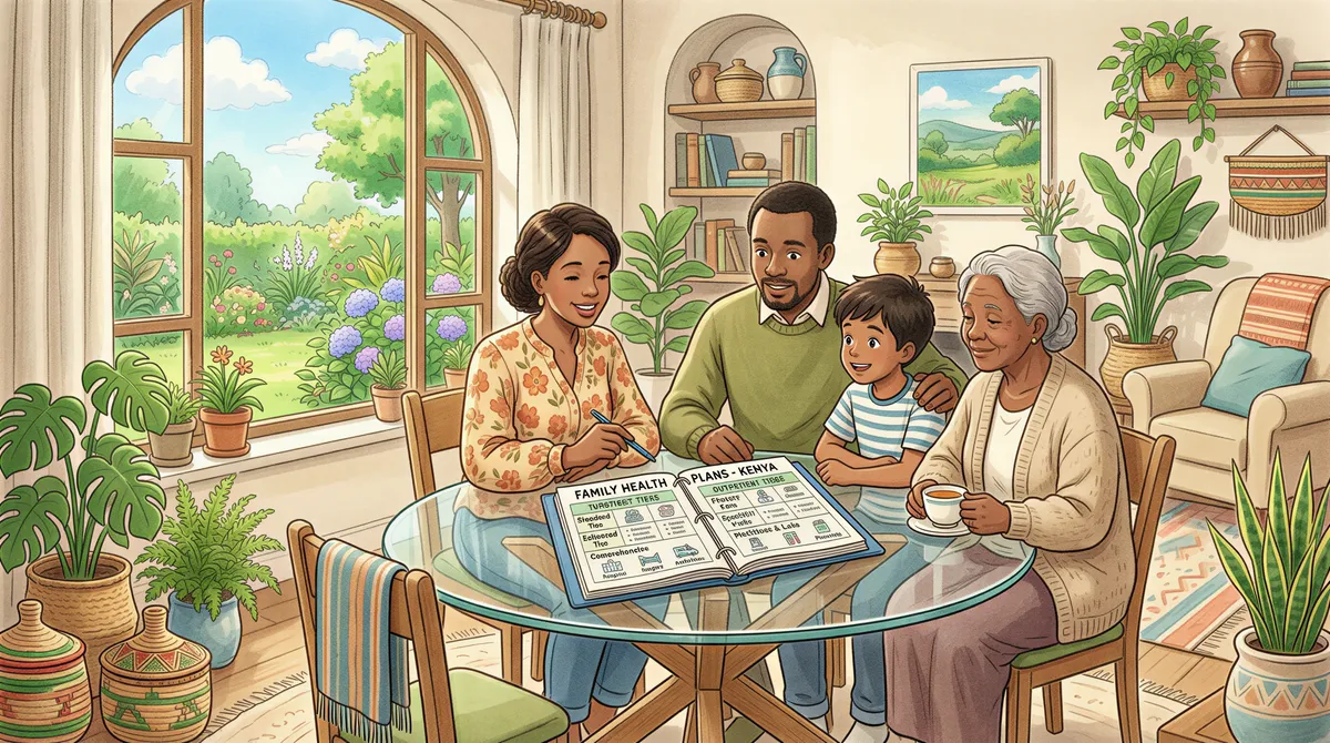 Family discussing inpatient and outpatient coverage options with Kenya Alliance binder