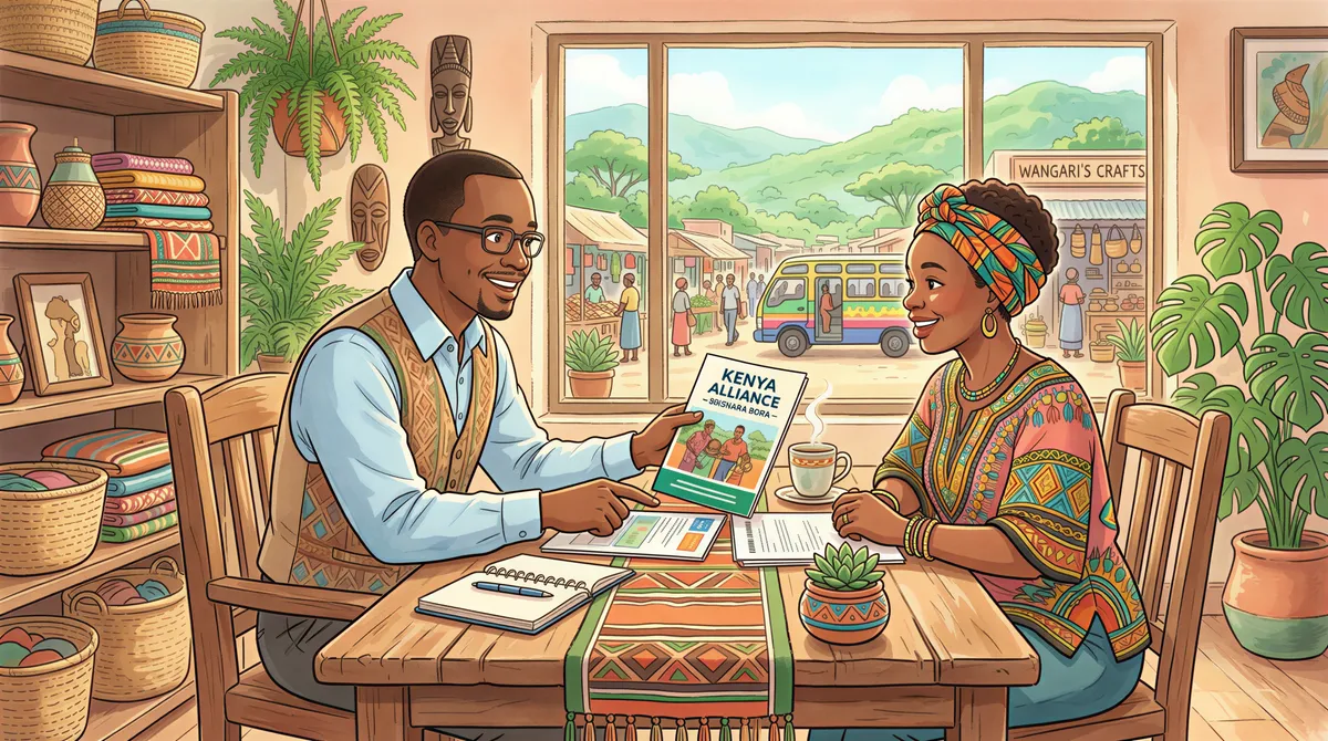 Kenya Alliance health insurance overview discussion between agent and client in a cozy Kenyan office