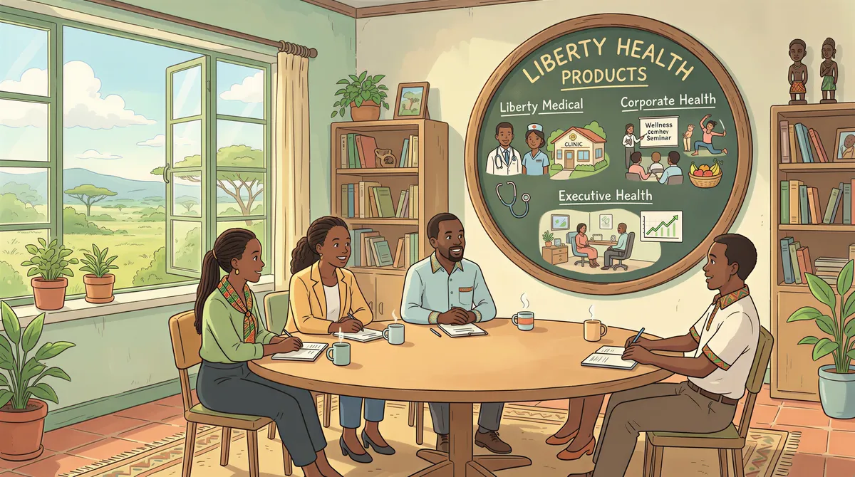 Kenyan professionals review Liberty health products on a board in a bright office