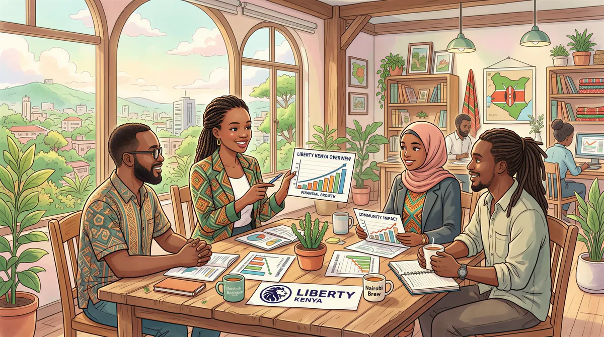 Kenyan insurance team discussing Liberty Kenya overview in a sunny Nairobi office