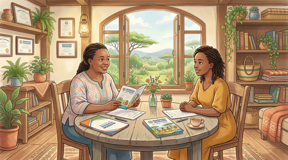 Kenyan insurance overview scene with an agent explaining Madison to a client