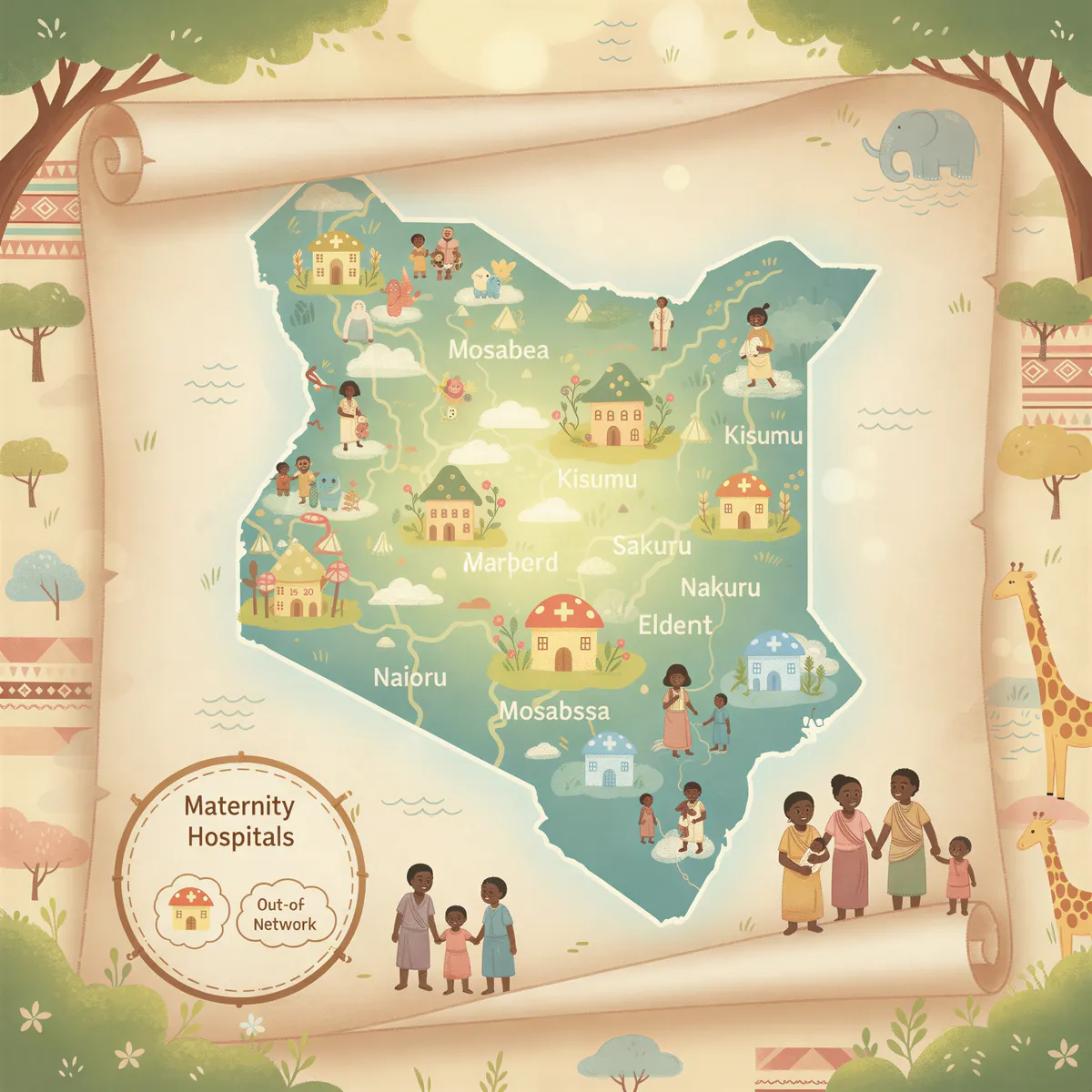 Map showing network maternity hospitals across Kenya