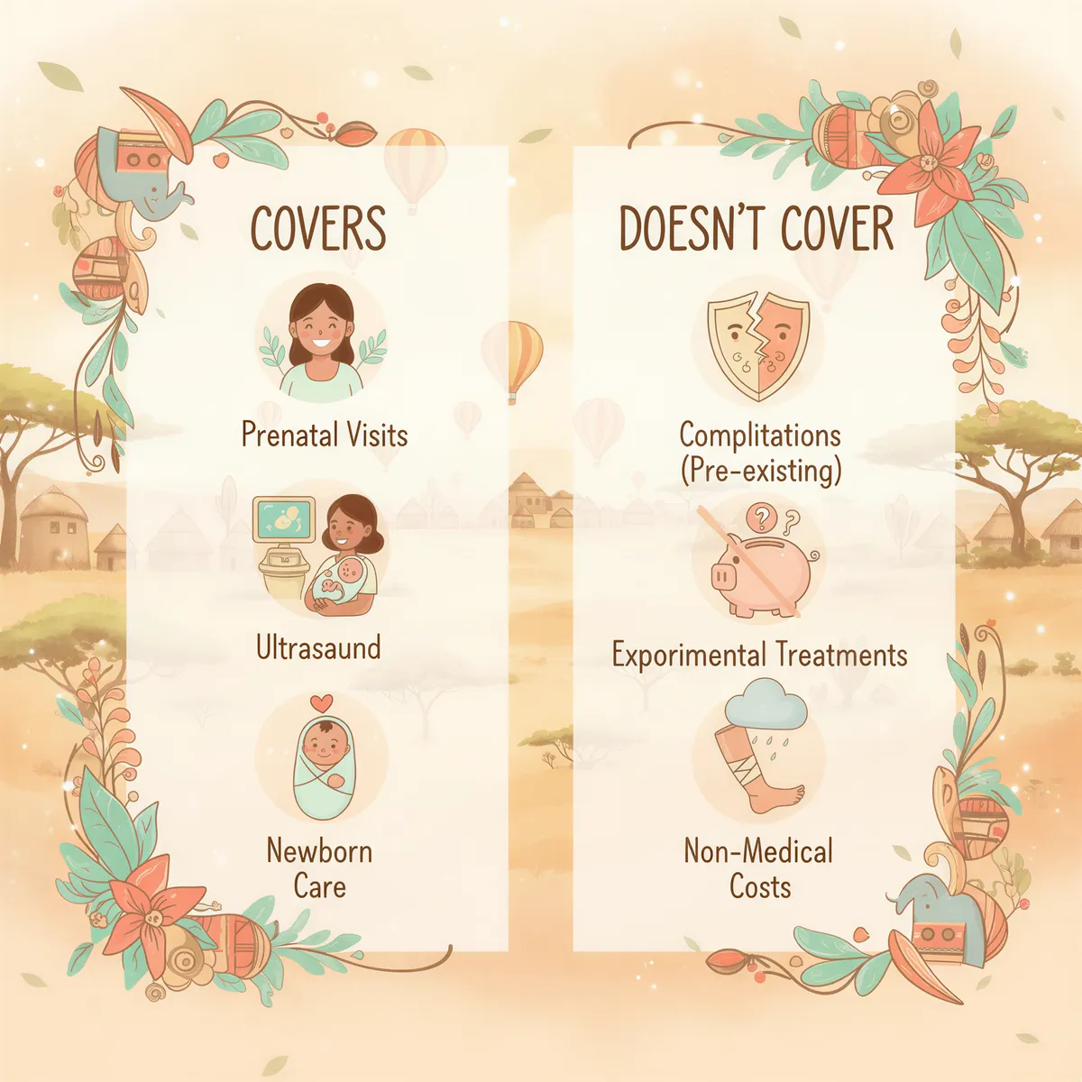 Infographic showing maternity insurance coverage vs doesn't cover in Kenya