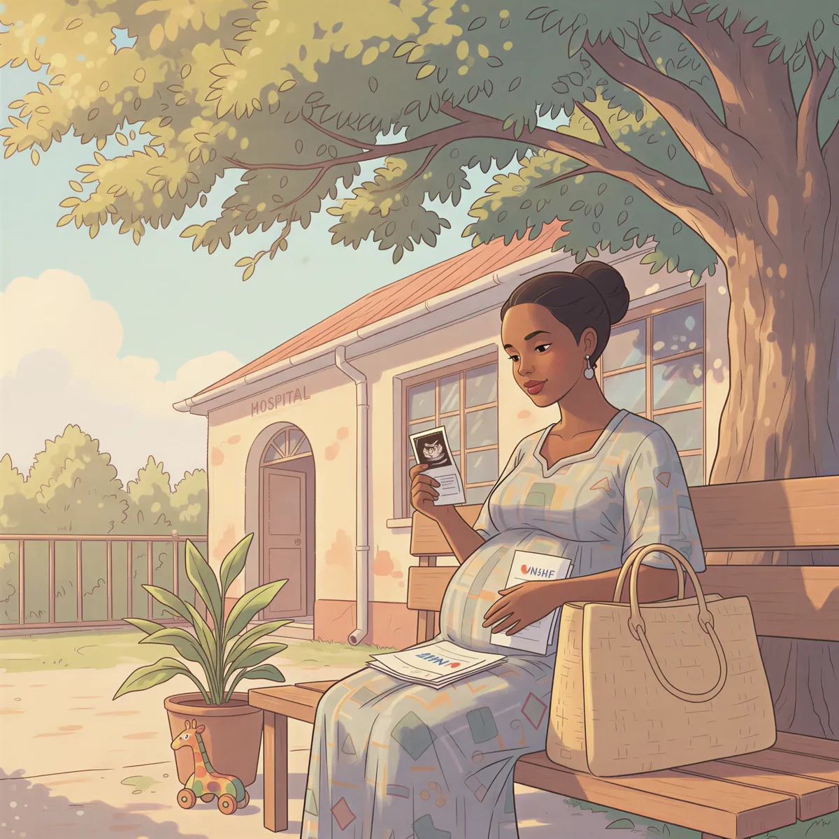 Expecting Kenyan mother holding ultrasound photo with insurance documents in front of a hospital, Studio Ghibli style