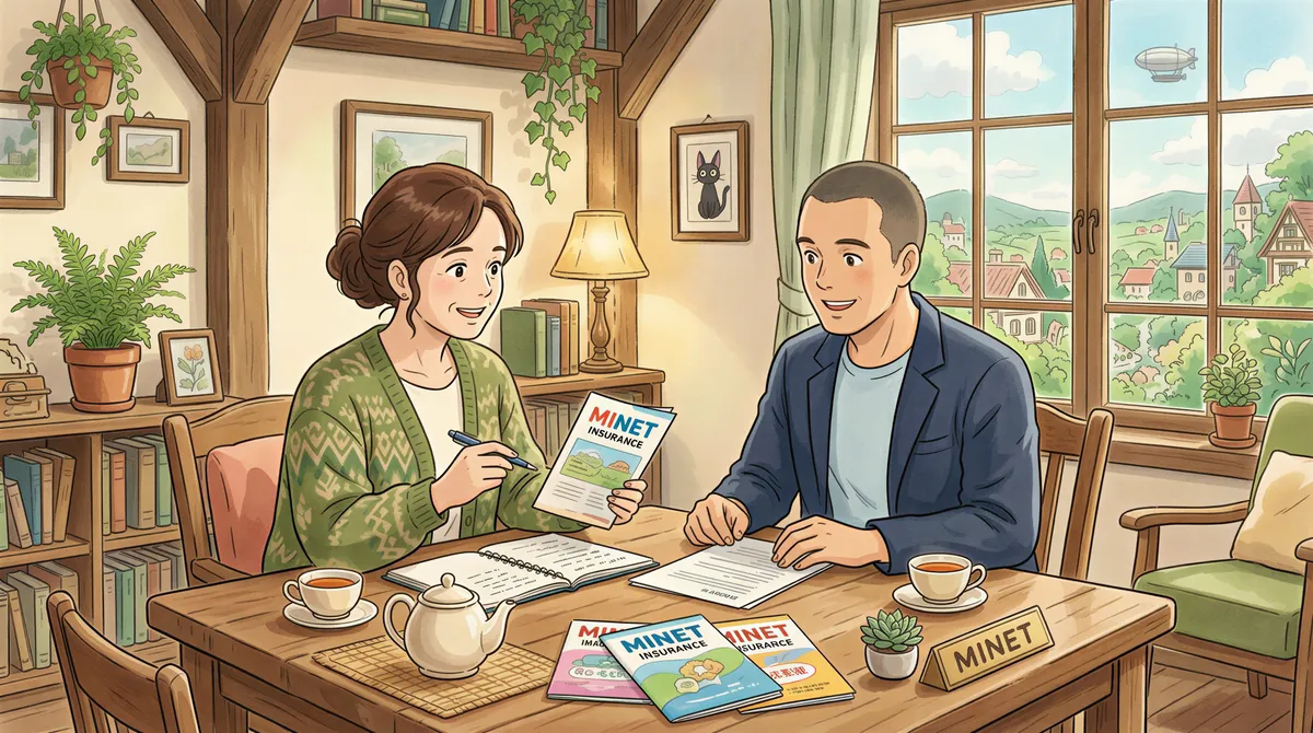 Studio Ghibli aesthetic. An insurance agent and a corporate client in a cozy meeting room, Minet brochures on the table, warm light, soft pastels, casual professional attire, welcoming atmosphere.